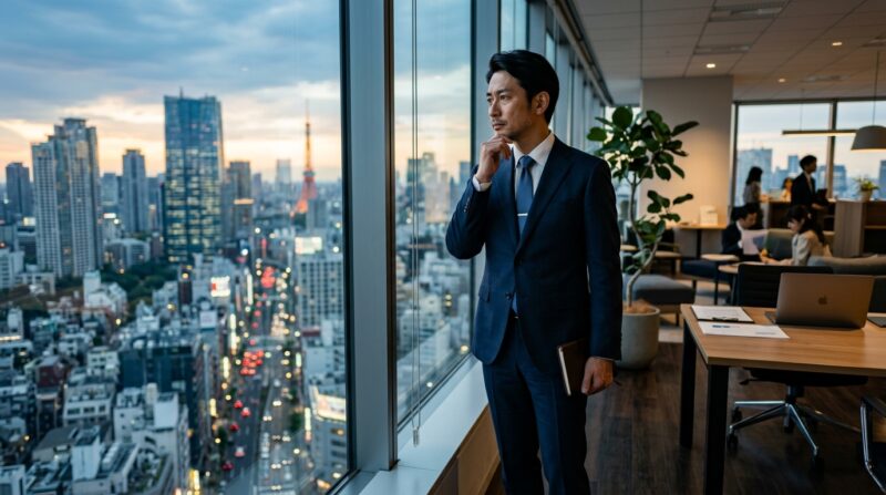 窓の外を眺めながら、今後のキャリアと転職市場の現状について考える40代の男性