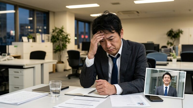 転職活動で悩む40代の男女が結果に不安を感じている様子