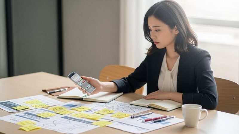 転職活動の情報収集をしながら、少し悩みや不安を感じている日本人女性の様子