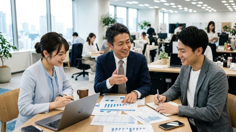 若手社員と打ち合わせをする40代マネージャー。マネジメント経験のイメージ。