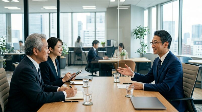 面接でマネジメント経験を説明する40代の男女求職者と面接官の様子