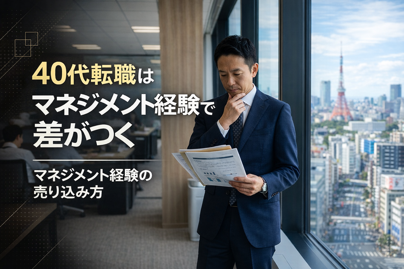 オフィスで資料を確認する40代ビジネスパーソン。マネジメント経験を活かした40代転職のイメージ