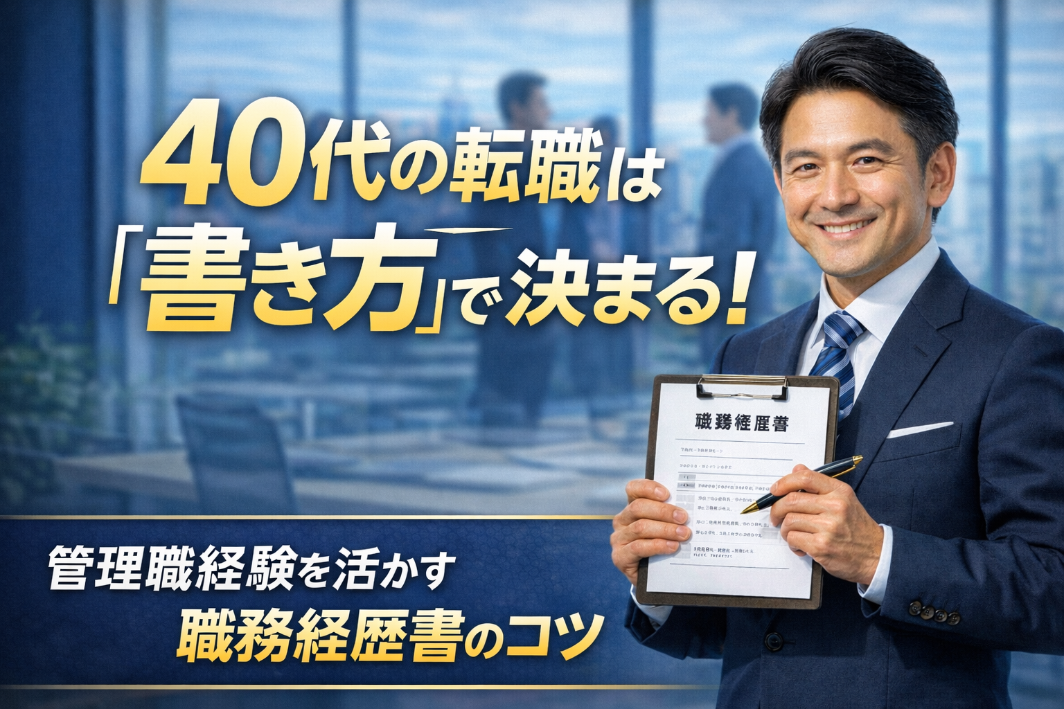 40代のビジネスパーソンが職務経歴書を持ち、管理職経験を活かした転職のポイントを解説するイメージ
