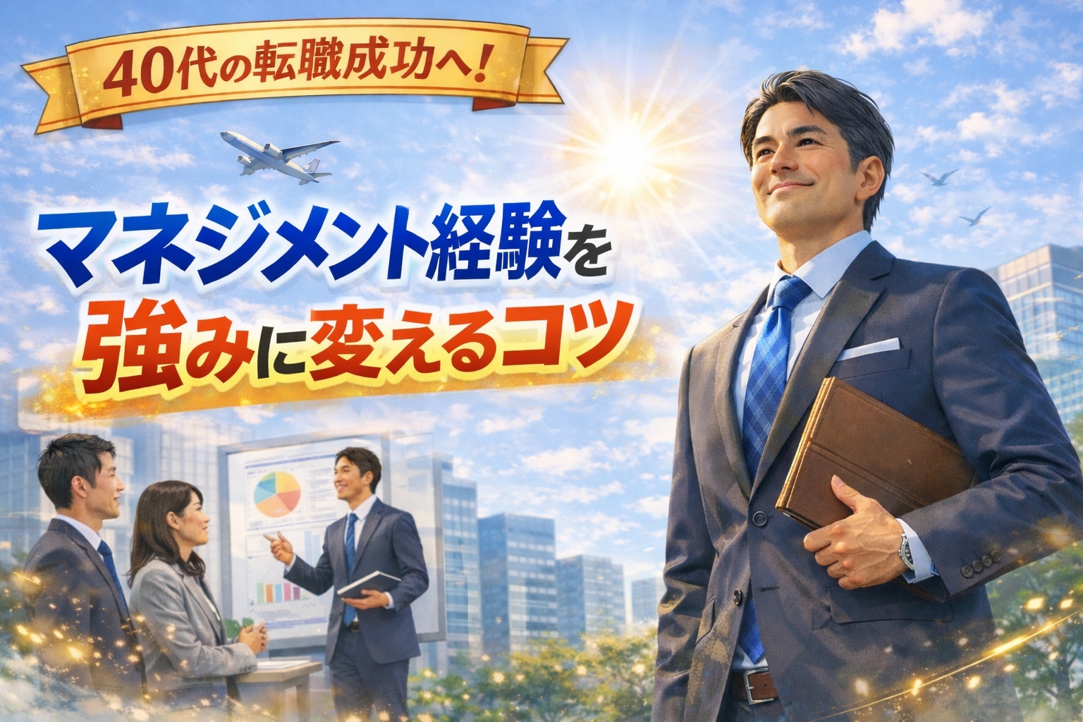 40代の男女がスーツ姿で前向きな表情を見せる転職イメージとマネジメント経験を強みにするビジュアル