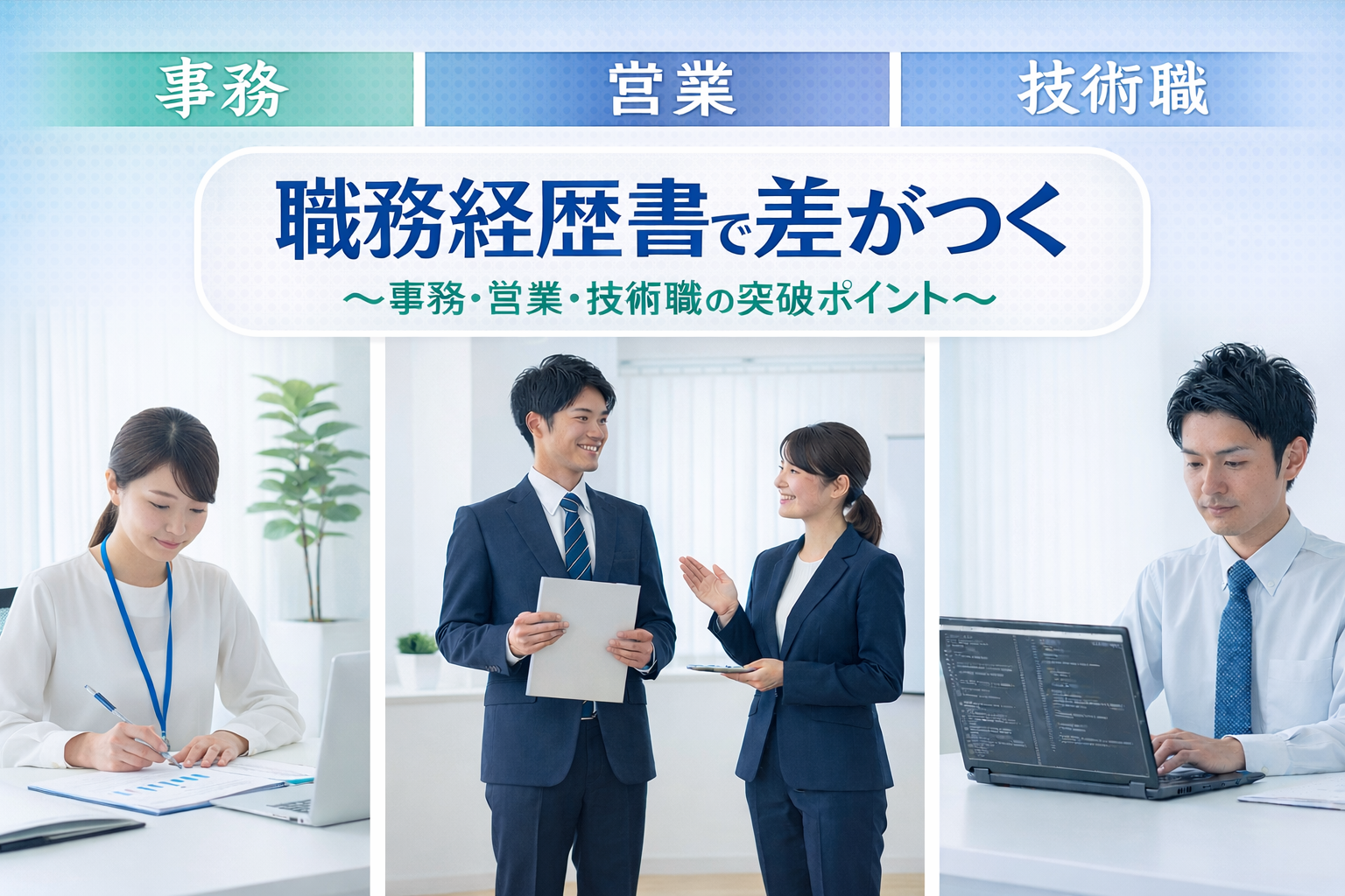 事務・営業・技術職それぞれのビジネスパーソンが並び、職務経歴書で差がつく書き方を解説するアイキャッチ画像!