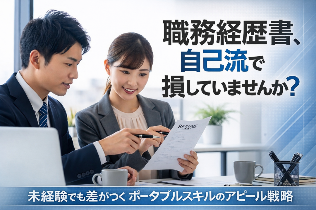 転職エージェントが求職者と職務経歴書を確認しながらポータブルスキルのアピール方法を説明している様子。未経験でも差がつく書類戦略を表現したアイキャッチ画像。